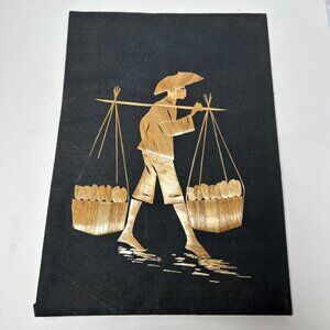 Vintage Asian Folk Art Straw on Black Linen Fabric Framed Wall Art Handmade READ